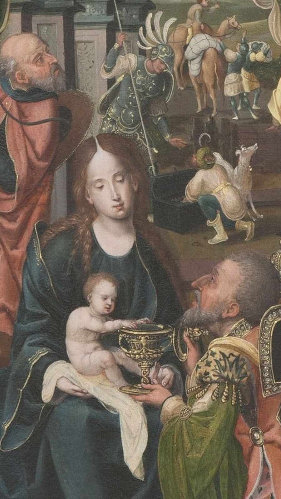 Meester van 1518, Drieluik met Aanbidding van het Kind; Aanbidding der koningen en Presentatie in de tempel (detail), ca 1510-1530. Collectie Bonnefanten.