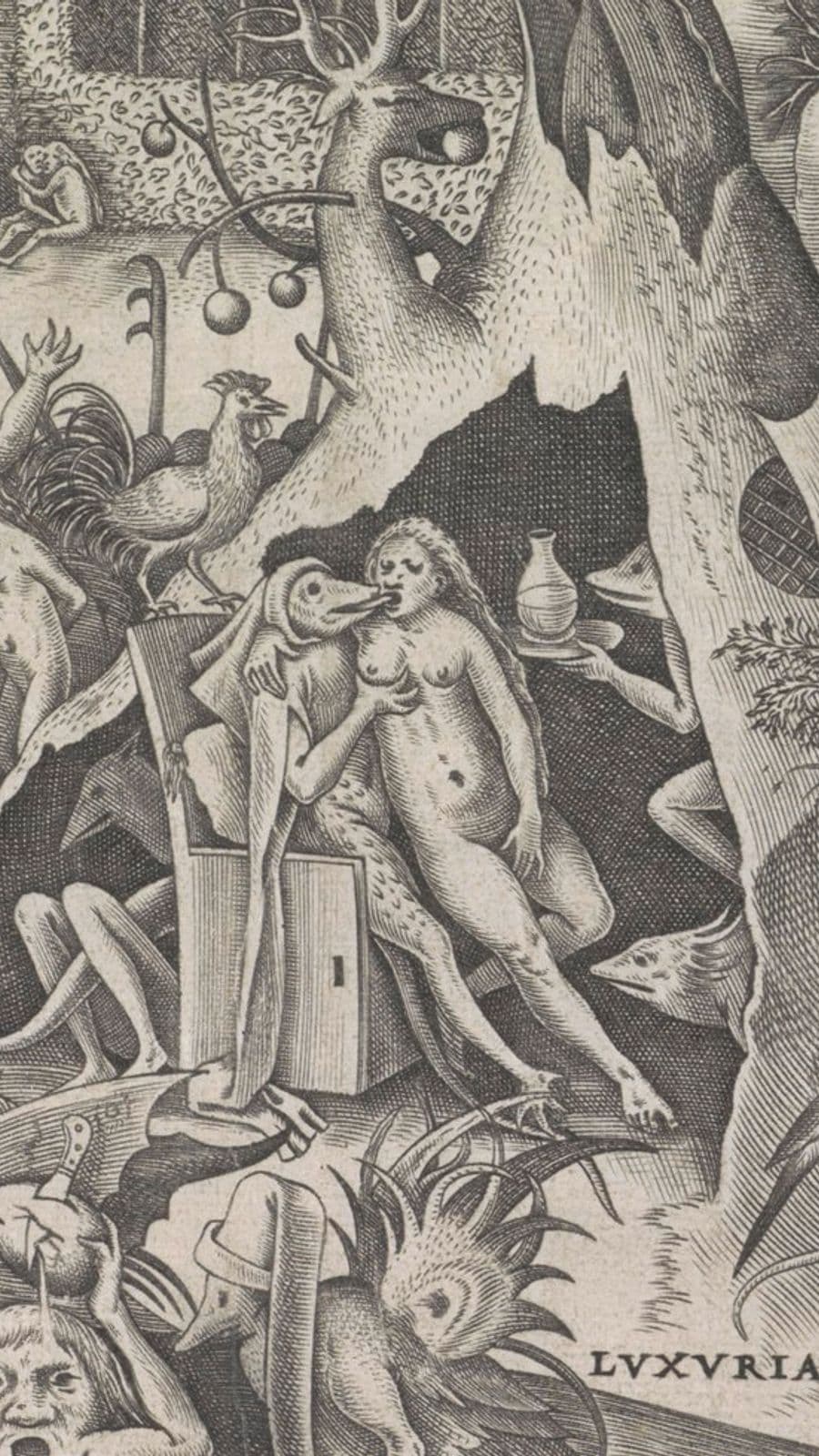 Pieter van der Heyden naar Pieter Bruegel I, Wellust / Luxuria, 1558, gravure, Collectie Rijksmuseum, Amsterdam, Schenking van P.C. van Kerckhoff, Den Haag. Foto Rijksmuseum, Amsterdam.