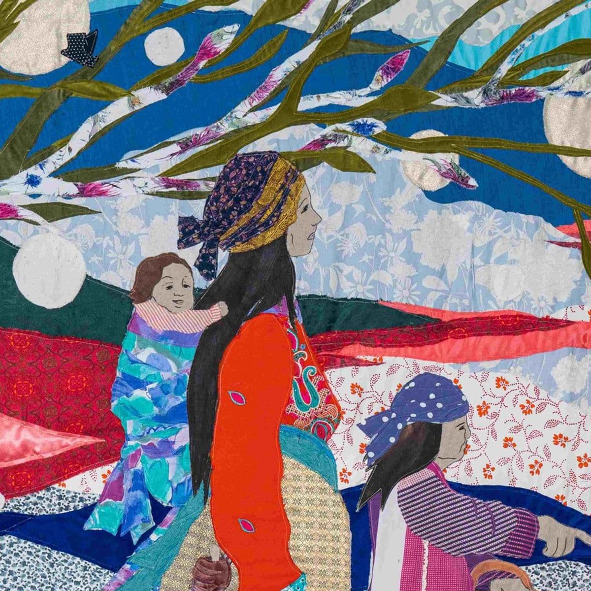 Małgorzata Mirga-Tas, Out of Egypt, 2024, textile and acryl on canvas, 300 x 225 cm. Photo: Bartek Solik. Courtesy of the Artist, Foksal Gallery Foundation, Warschau, Frith Street Gallery, Londen and Karma International, Zürich.